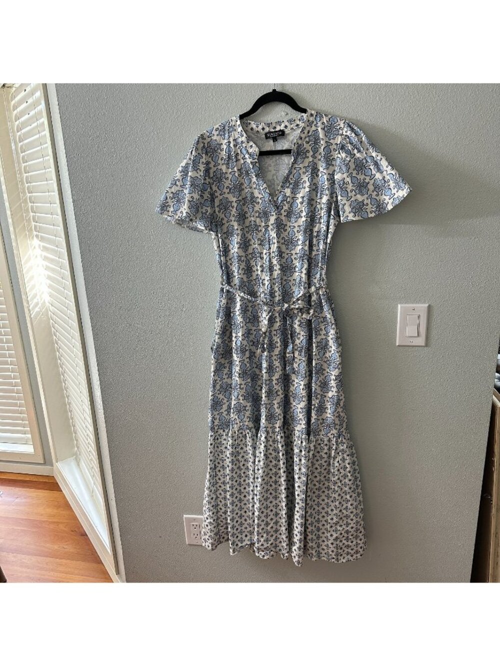Magari Made In Italy 100% Cotton Dress LARGE Blue White Short Sleeve Tiered